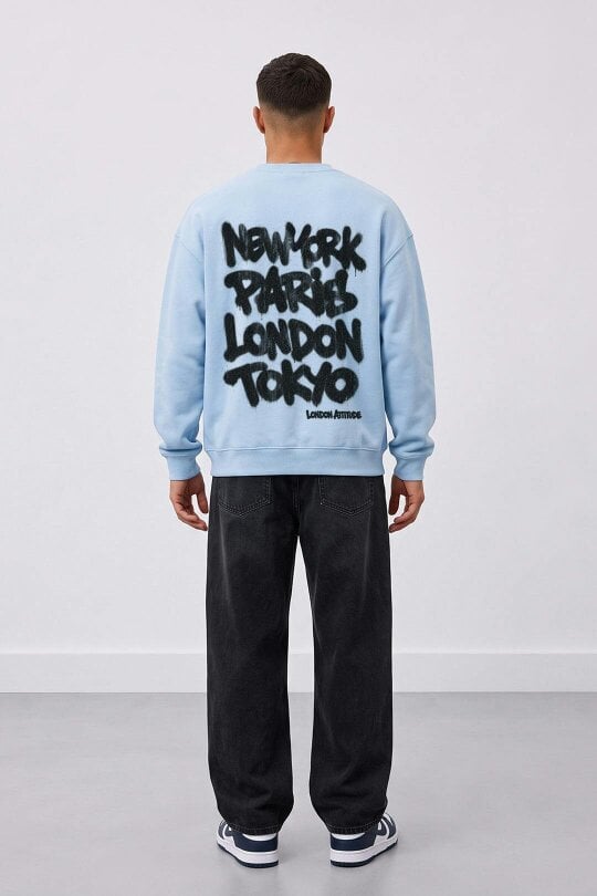 London Attitude Oversized City Graffiti Graphic Sweatshirt - Sky Blue