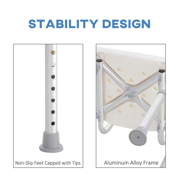 White bath shower stool with aluminum frame and capped non-slip tips on legs.
