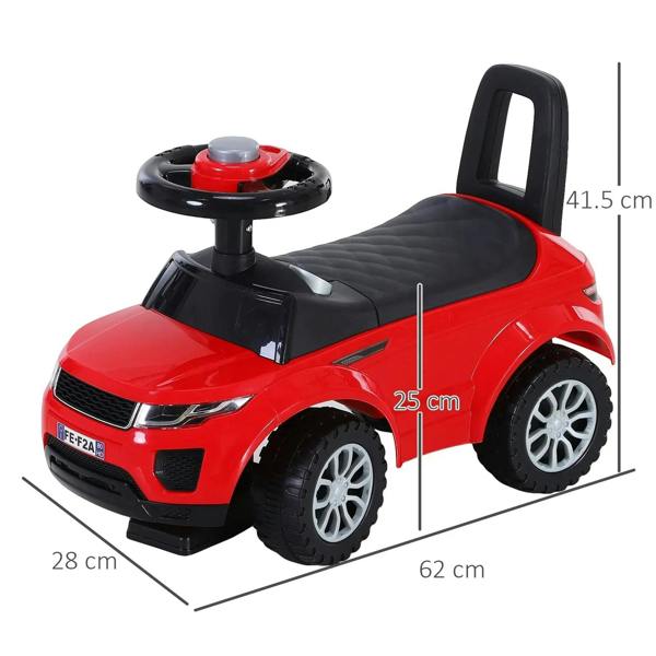 Red toddler ride-on car with black seat and steering wheel, showing side profile and wheels