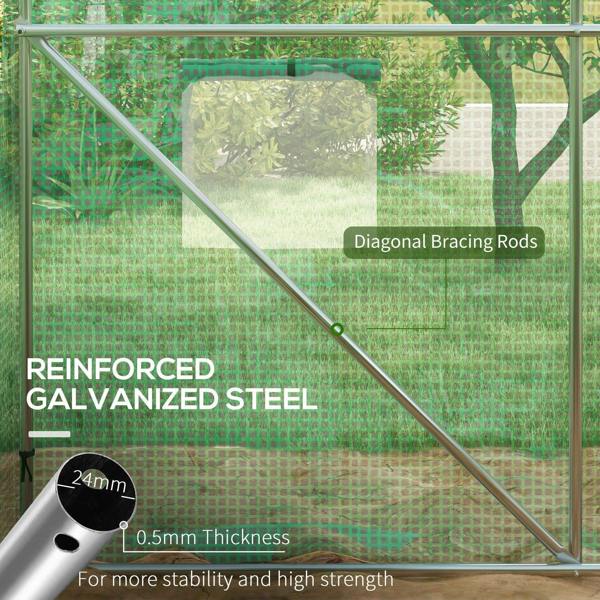 Reinforced steel diagonal bracing rods inside green polytunnel greenhouse frame