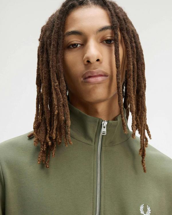 Fred Perry Mens Half Zip Sweatshirt - Laurel Wreath Green/Ecru/Dusky Blue 87B | CHO | Designer Mens Sweatshirts