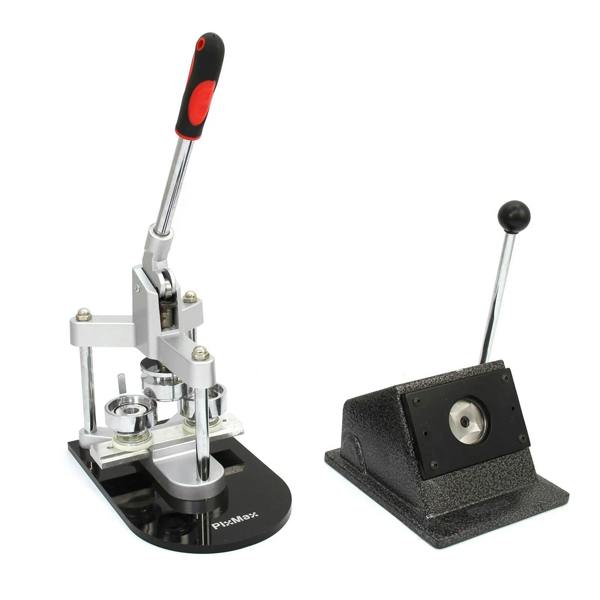 PixMax Badge Making Bundle includes a sturdy metal press with a lever and a base, designed for creating custom badges efficiently