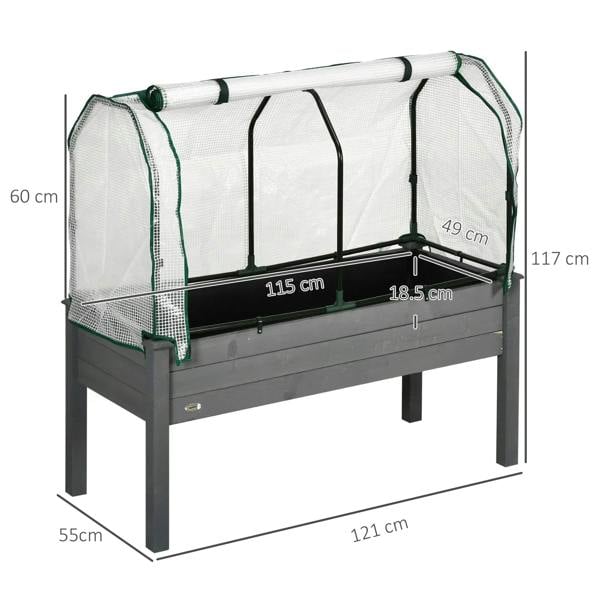 Dark grey raised garden bed planter box with greenhouse-style PE cover on four legs