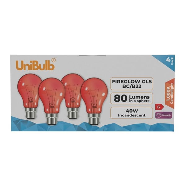 UniBulb B22 Fireglow Red Bulb 390lm 40W - Pack of 4 lightbulb front