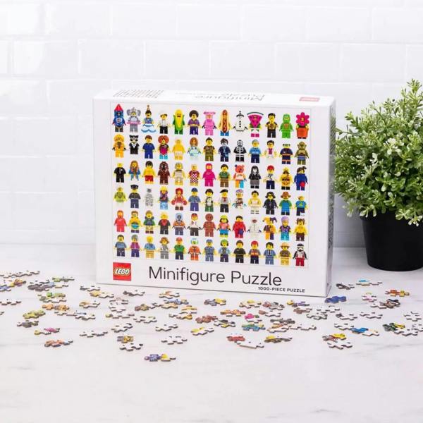 A completed 1000-piece jigsaw puzzle featuring a vibrant collage of various classic LEGO Minifigures, shown on a flat surface.