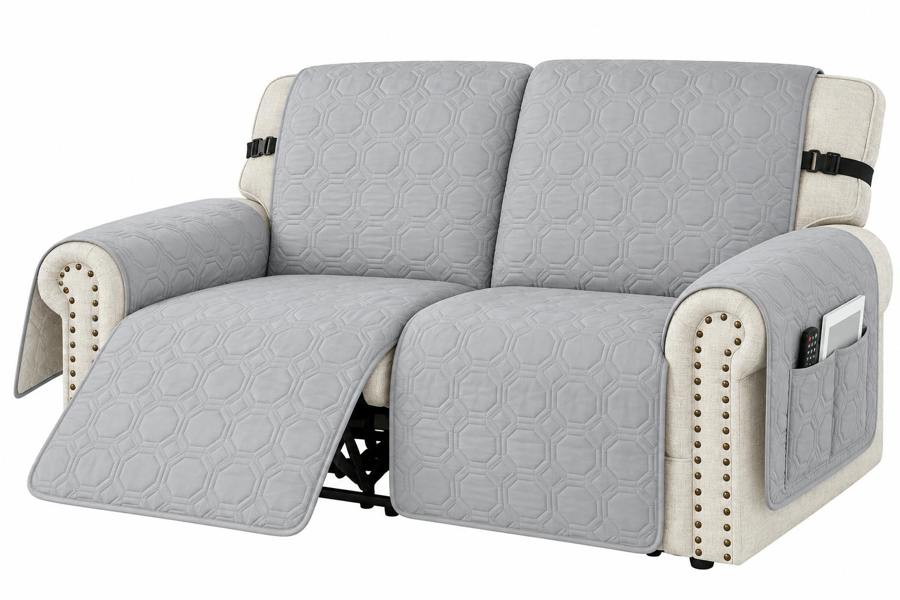 ATEK Water Resistant Recliner Sofa Cover 2 Seater Non Slip Quilted Furniture Protector with Pockets – Light Grey