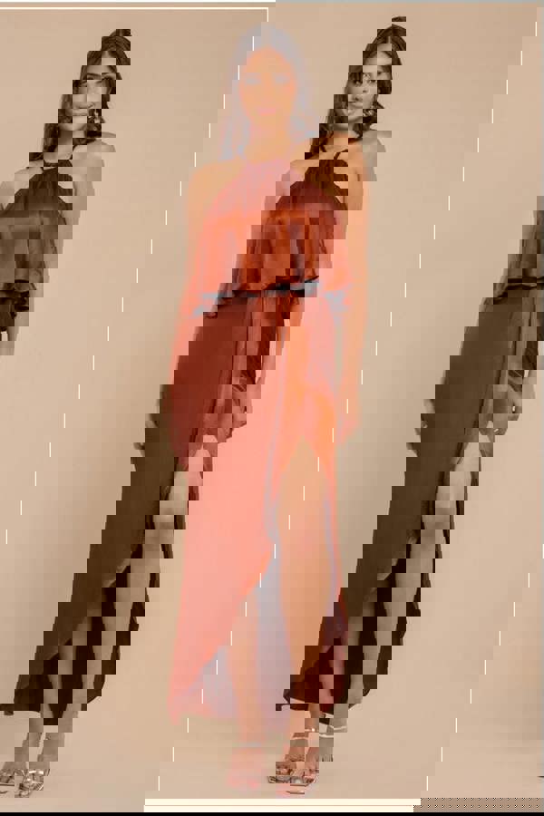 Satin Viscose Front Wrap Midaxi Dress - Brown DR4002