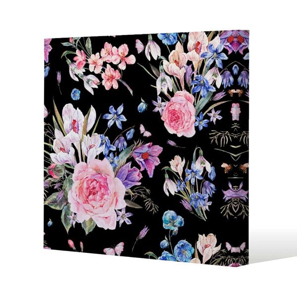 Benjamin Tate Design Bright Pink Flowers on Black Slim Style Canvas Print  40x40cm , 15mm Slim Real wood.