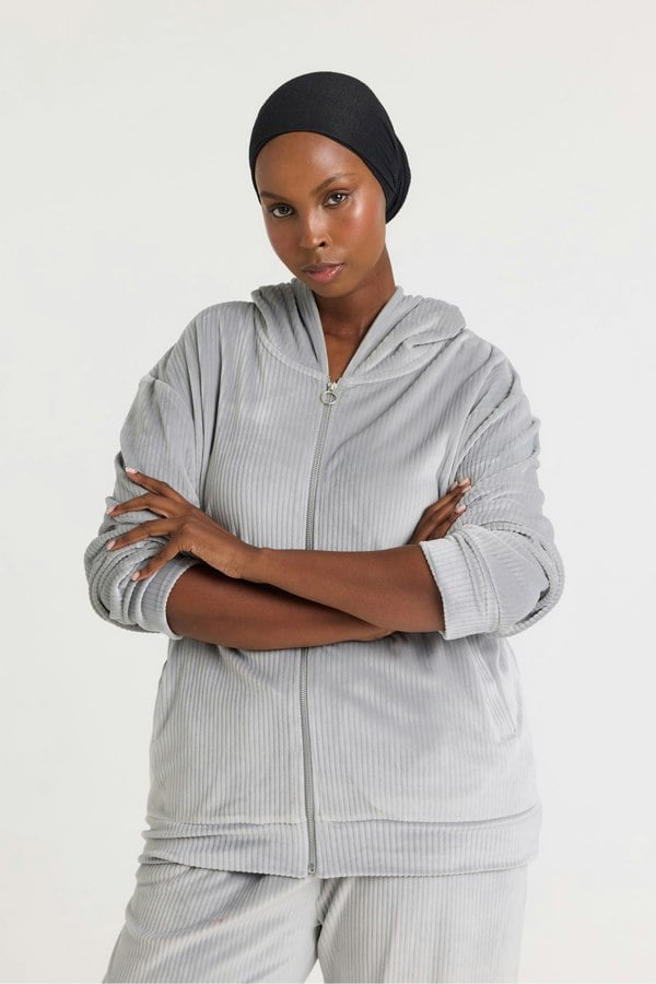 Velour Hoody Jogger Set in Grey - Loungewear