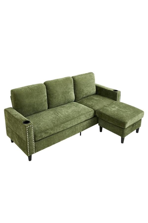 Living and Home Polyester Upholstered L-Shaped 3-Seater Sectional Sofa with Ottoman