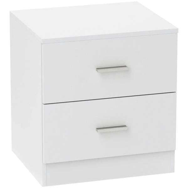 White bedside table with two drawers and metal bar handles