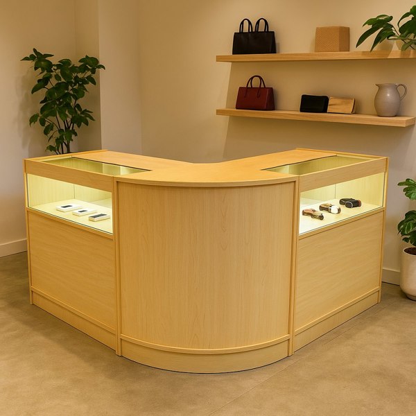 Maple Iris LED shop counter set with a modern design, featuring glass display sections and soft lighting, ideal for retail spaces