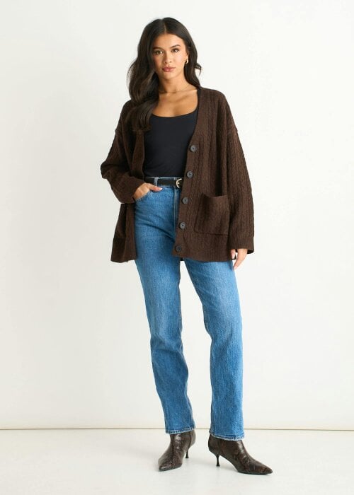 Gini London Brown Cable Patch Pocket Knitted Cardigan