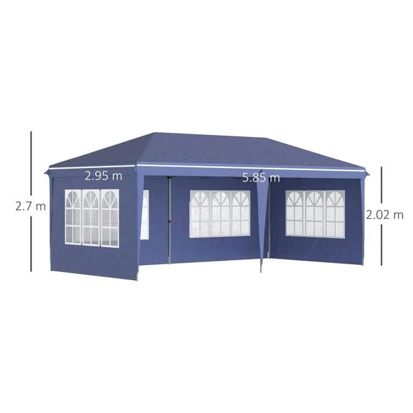 Blue pop-up gazebo tent with white window panels, shown with height and length dimensions
