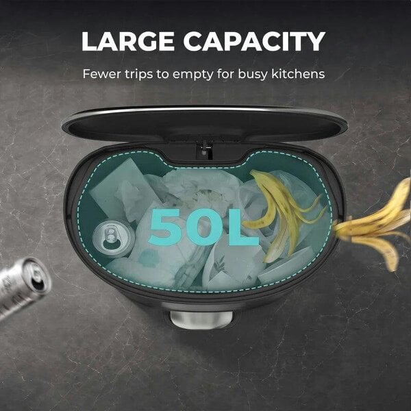50L Kitchen Pedal Bin, Rubbish Bin with Soft-Close and Stay-Open Lid, Removable Inner Bucket, Silver Tone