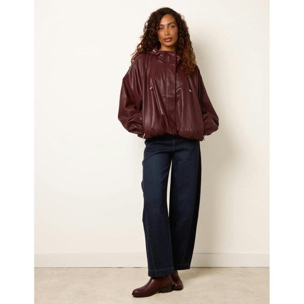 Blue Vanilla Hooded Leather Look Bomber Jacket