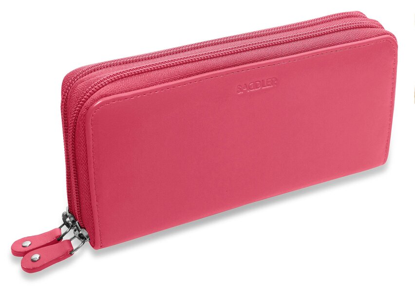 SADDLER GABRIELLA Leather Double Zip Around Purse - 8 Card Slots, Phone Pocket, and Coin Purse - RFID Protected - Fuchsia