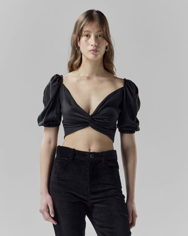 Frolickers Convertible Puff-Sleeve Crop Top - Black