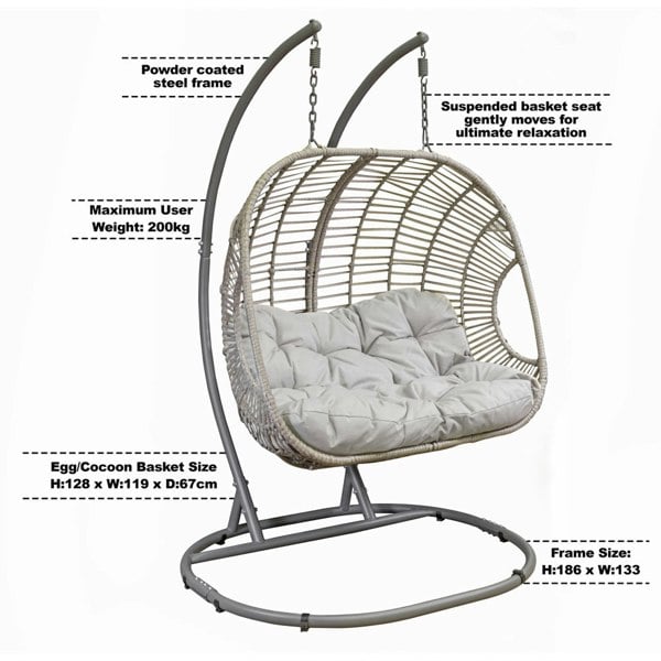 2pc Garden Hanging Egg Chair Set - Rattan Wicker - Single & Double Outdoor Swing - LoopsDirect