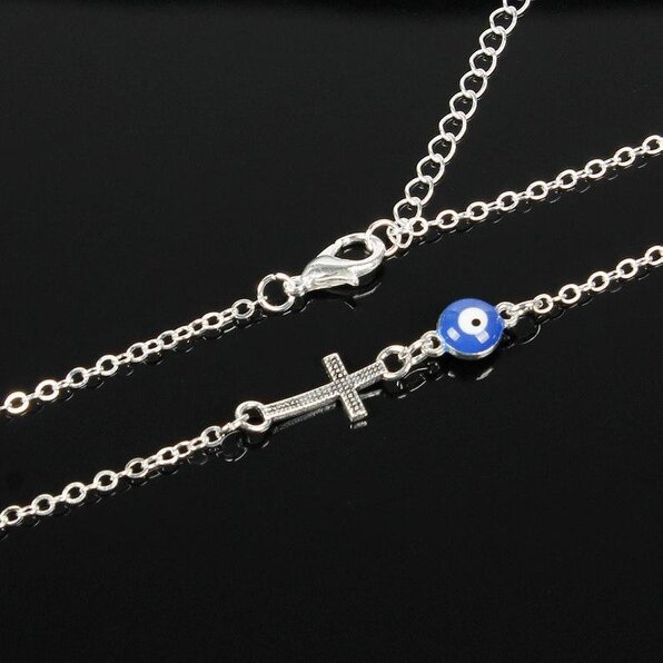 The Colourful Aura Blue Evil Eye Sideways Cross Christian Charm Minimalist Choker Dainty Necklace - Silver - Silver