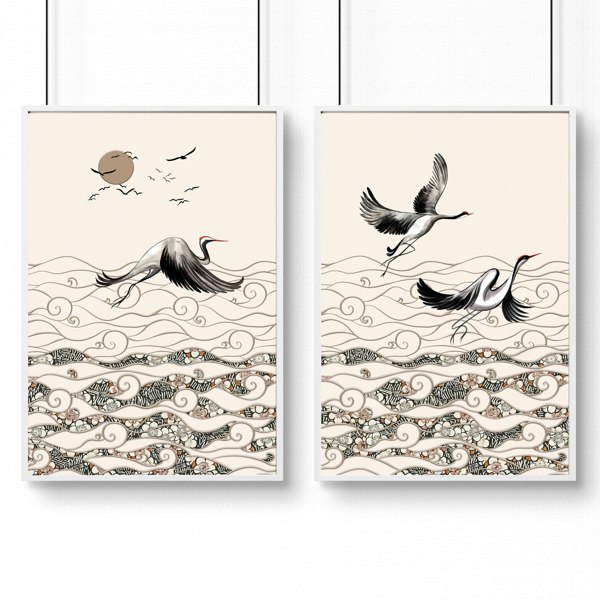 Chinoiserie prints | set of 2 Japanese Crane Art wall art