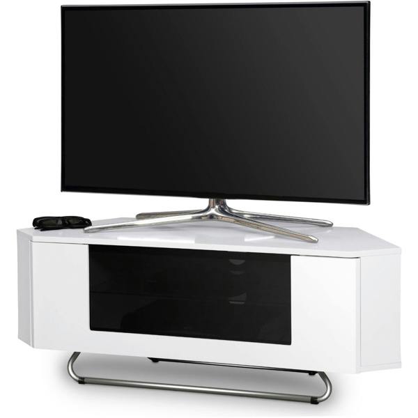 Homeology Hampshire Corner-Friendly Gloss White with Black Glass Beam-Thru Remote Friendly Door 26"-50" Flat Screen TV Cabinet