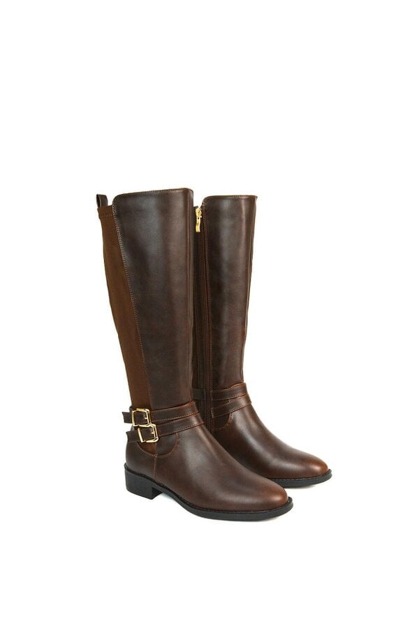XY LONDON Flat Heel Zip Up Knee High Stretchy Boots With Buckle