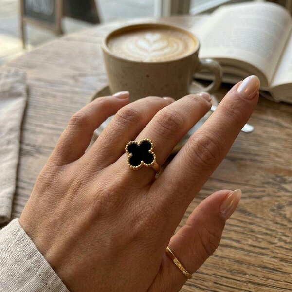 The Colourful Aura Gold Tone Four Leaf Clover Adjustable Ring, Black, White or Gold