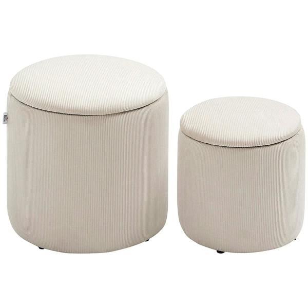 Two cream white round ottomans with removable lids and storage bases, set on white.