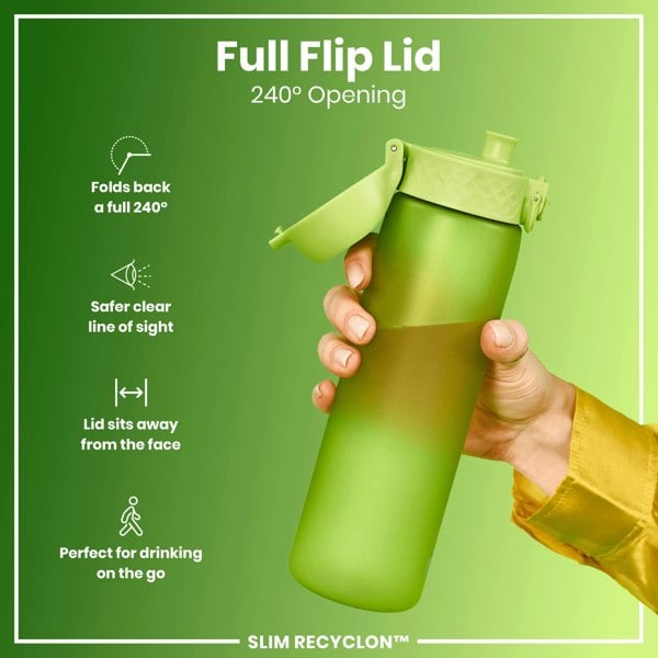 A light green water bottle with a full flip lid is being held; the lid opens 240 degrees. The bottle is advertised as perfect for on-the-go drinking. SLIM RECYCLON™.