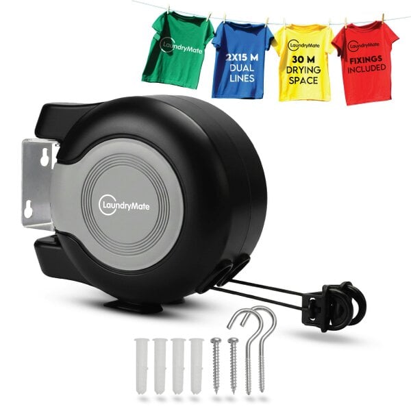 Laundry Mate Retractable Washing Line with 30M Drying Space – Twin Pull-Out Clothes Line for Indoor & Outdoor Use