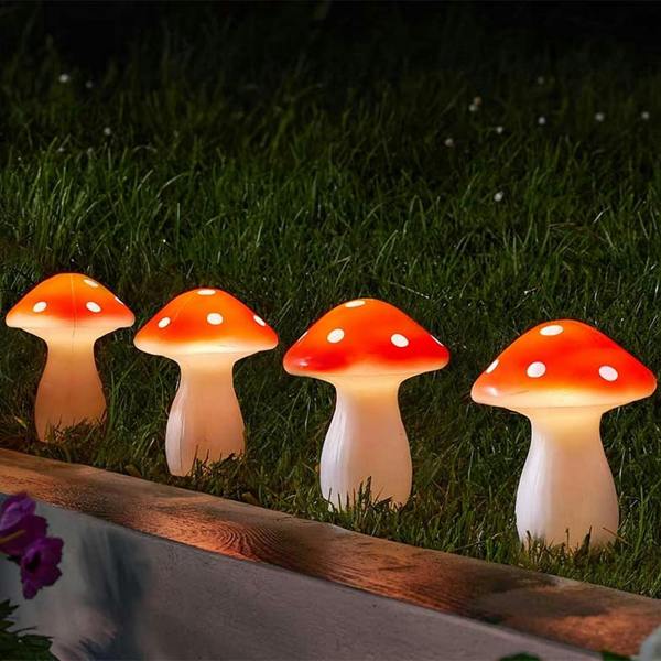 Set of 4 Solar Power Fairy Mushroom Stake Lights Outdoor Garden Pathway Décor