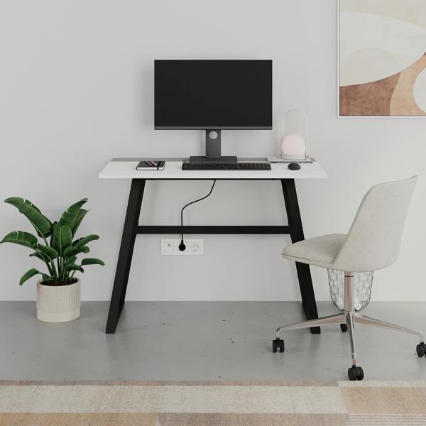 Decortie Modern Compact Rectangular Work Desk, Easy Assembly, suitable for Small Spaces, Robust Black Metal Legs, White,Mocha Grey