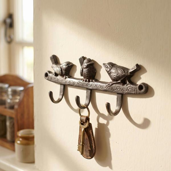 Close-up of antique cast iron triple bird hooks mounted in a country kitchen, showing detailed bird motifs and sturdy construction, with keys hanging.