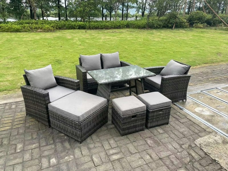 Fimous 7 Seater Dark Grey Mixed High Back Rattan Sofa Set Dining Table Garden Furniture Outdoor