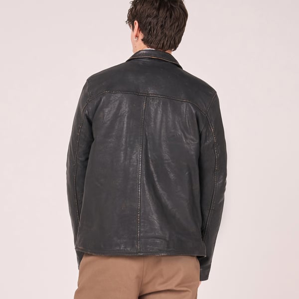 Barneys Originals Men's Vintage Style Washed Leather Trucker Jacket