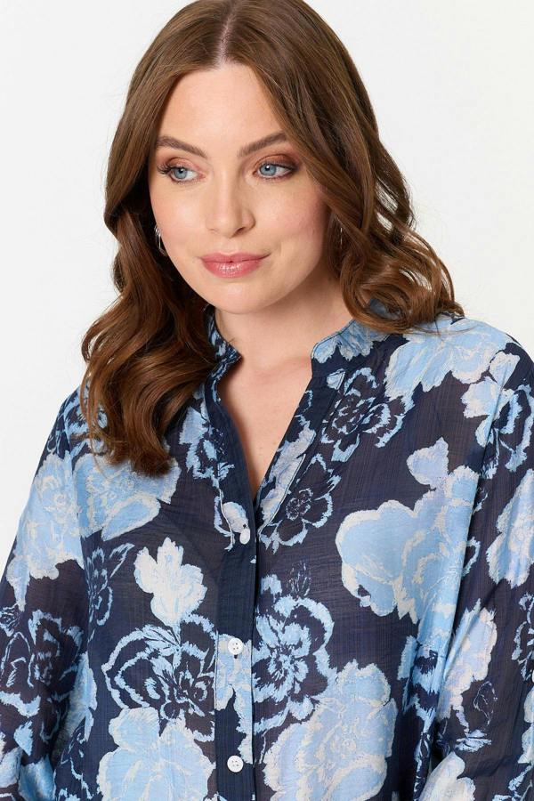 Navy | Floral Longline Long Sleeve Shirt
