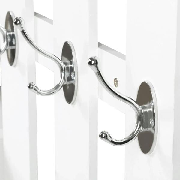 Chrome curved hooks mounted on a white mirrored coat rack panel