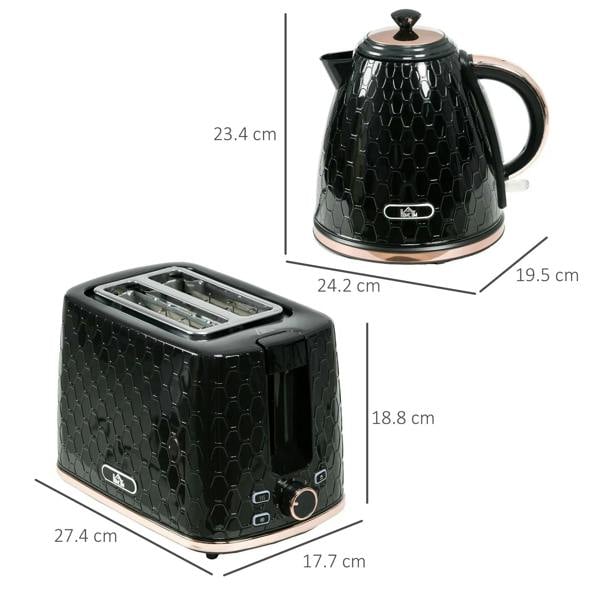 Black electric kettle and 2-slice toaster with size diagram