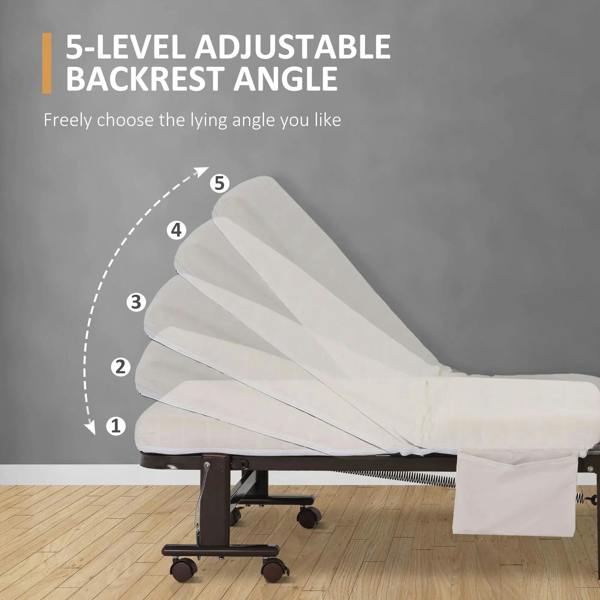 Adjustable single folding bed with white mattress on rolling base, backrest angled