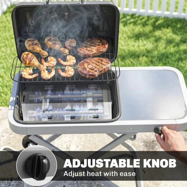 Bobobiy Foldable Gas BBQ Grill with Side Table, Portable Gas Barbecue Grill with Thermometer, Grease Box, Wheels, 2.5 kW, Black