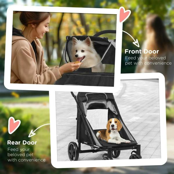 Black pet stroller with front and rear access doors and mesh viewing panels