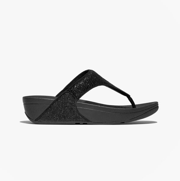 FitFlop LULU CRINKLED-SHIMMER Ladies Toe Post Sandals Metallic Black