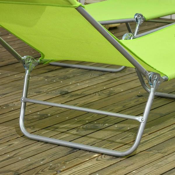 Silver steel base and legs of a green reclining sun lounger with mesh seat fabric
