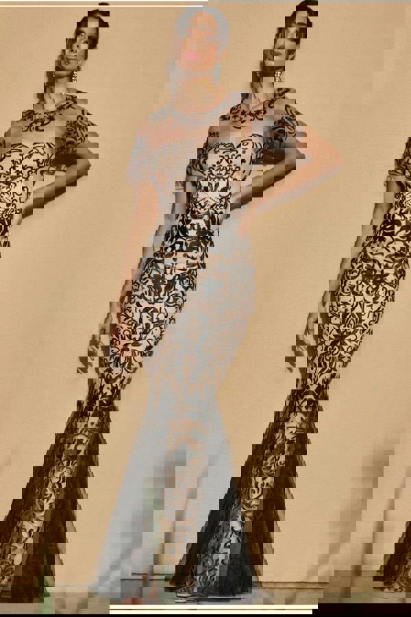 Mesh & Lace Maxi With Scalloped Hem - Black DR3253