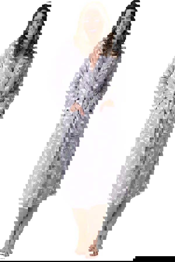 Camille Women's Grey Star Supersoft Fleece Hooded Calf Length Bathrobe