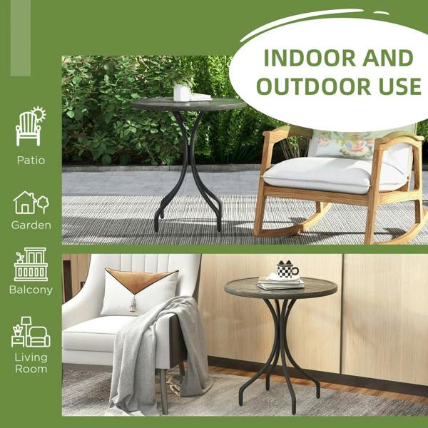 Small round grey garden table with slatted top and curved steel legs
