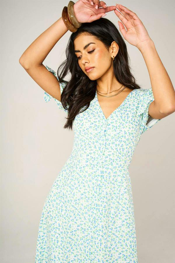 FS Collection Green Blue Floral Print Button Front Tie Sleeve Midi Dress In White
