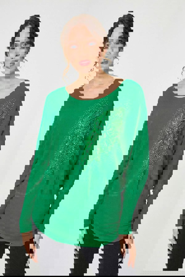 Green | Diamante Embroidered Long Sleeve Top
