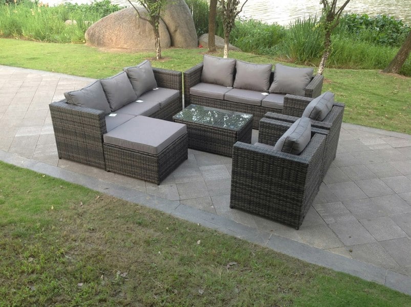 Fimous Outdoor Rattn Garden Furniture Sofa Set Rectangular Coffee Table Lounge Sofa Chair Footstool Converstory Dark Mixed Grey
